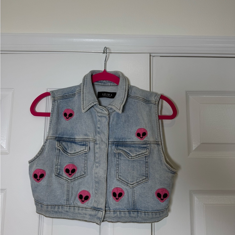 AKIRA Light Wash Denim Vest with Pink Alien Patches